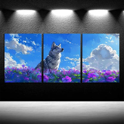 3pcs Vibrant Husky in The Flower Field with Sky Metal Print Ready to Hang Art