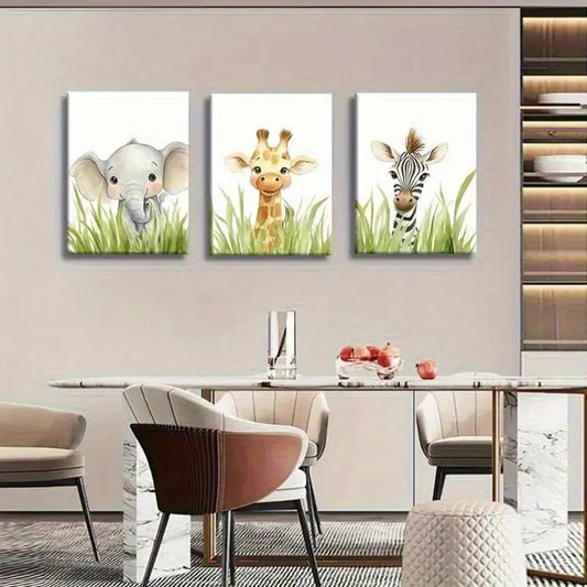 3pcs Cute Wildlife Elephant Giraffe Zebra Metal Print Ready to Hang Art