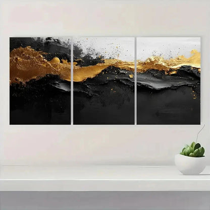 3pcs Black and White with Golden Splashes Metal Print Ready to Hang Art
