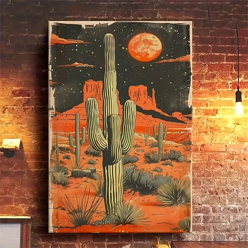 Desert Cactus Under Blood-Red Moon 40x60cm Metal Print Ready to Hang