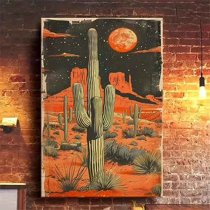 Desert Cactus Under Blood-Red Moon 40x60cm Metal Print Ready to Hang