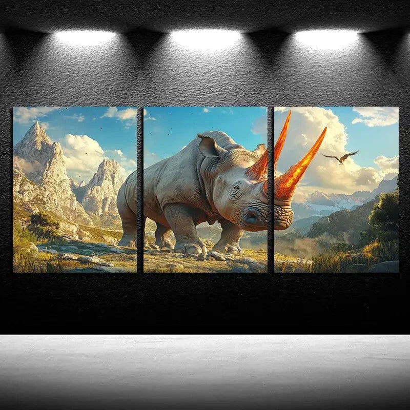 3pcs Vibrant horn Savage Rhinoceros Metal Print Ready to Hang Art