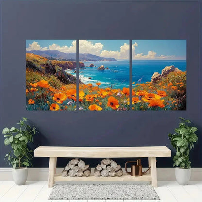 3pcs Big Sur Landscape with Vibrant Yellow Poppy Metal Print Ready to Hang Art