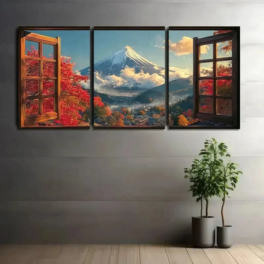 3pcs Open Window with Mount Fuji Painting Metal Print Ready to Hang Art