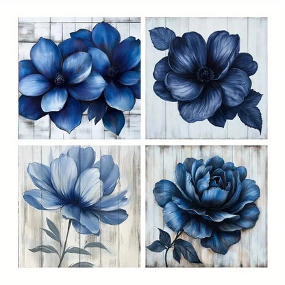 4pcs Modern Farmhouse Blue Flower Posters Wall Art Canvas Framed