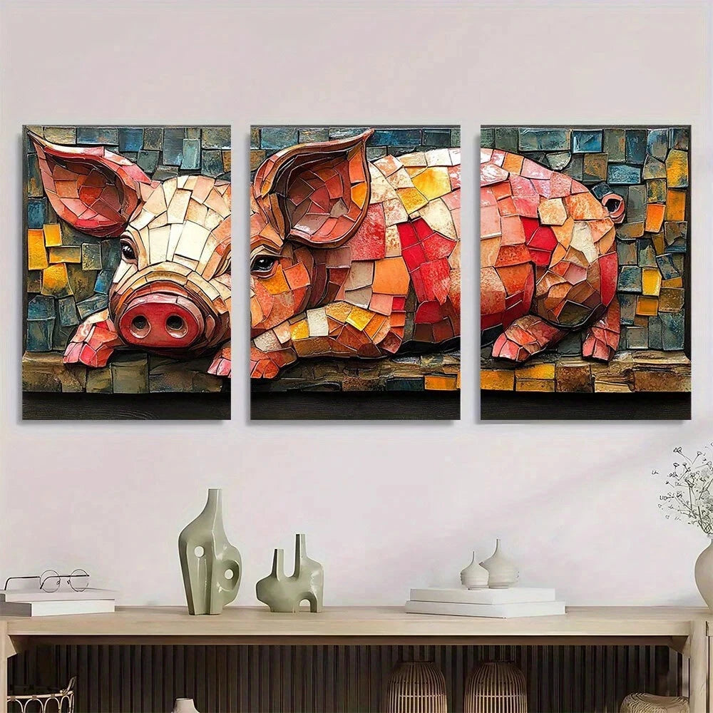 3pcs Pig Mosaic Colourful Painting Metal Print Ready to Hang Art