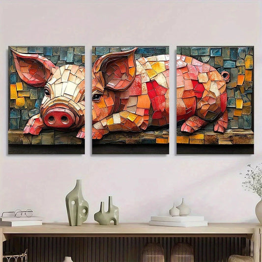 3pcs Pig Mosaic Colourful Painting Metal Print Ready to Hang Art