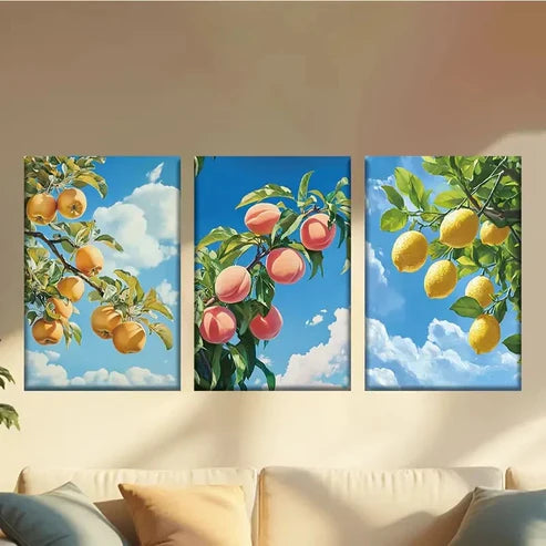 3pcs Delicious Apples, Peaches and Lemons Wall Art Canvas Unframed - High Quality Print 100% Australian Made Wall Canvas