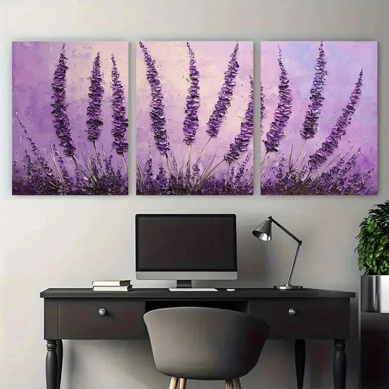 3pcs Lavender Flower Purple Floral Perfect Wall Art Set Canvas Framed 50x70cm - High Quality Print 100% Australian Made Wall Canvas Ready to Hang