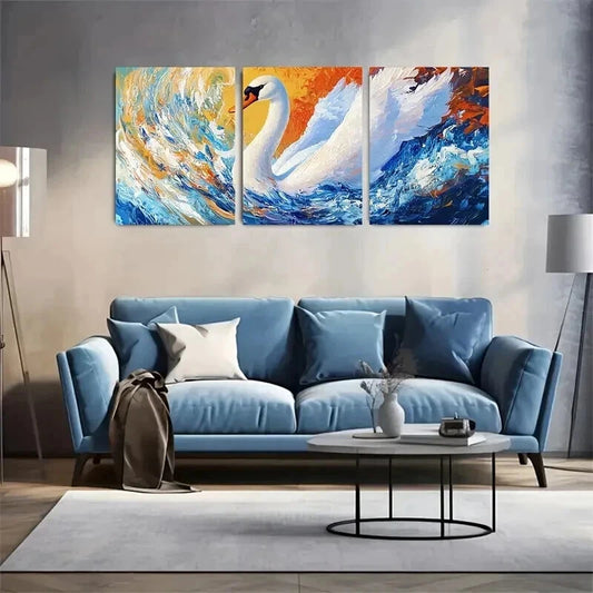 3pcs Summer Swan in Indigo and Amber Wall Art Set Canvas Framed 40x60cm - High Quality Print 100% Australian Made Wall Canvas Ready to Hang