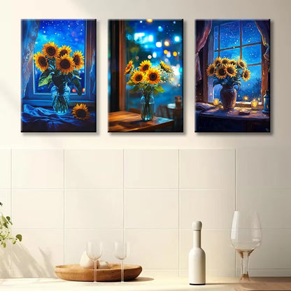 3pcs Sunflowers in a blue vase on a table Wall Art Set Canvas Framed 60x90cm - High Quality Print 100% Australian Made Wall Canvas Ready to Hang