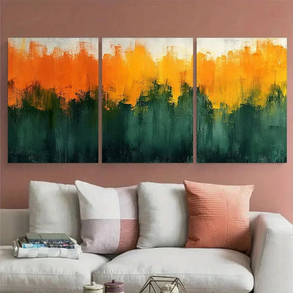 3pcs Green Orange Abstract Brushstrokes Design Metal Print Ready to Hang Art