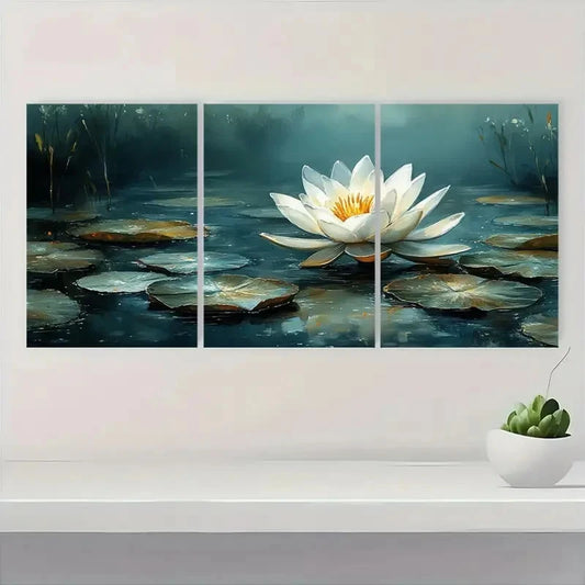 3pcs White Lotus Flower Elegant Perfect Wall Art Set Canvas Framed 40x60cm - High Quality Print 100% Australian Made Wall Canvas Ready to Hang