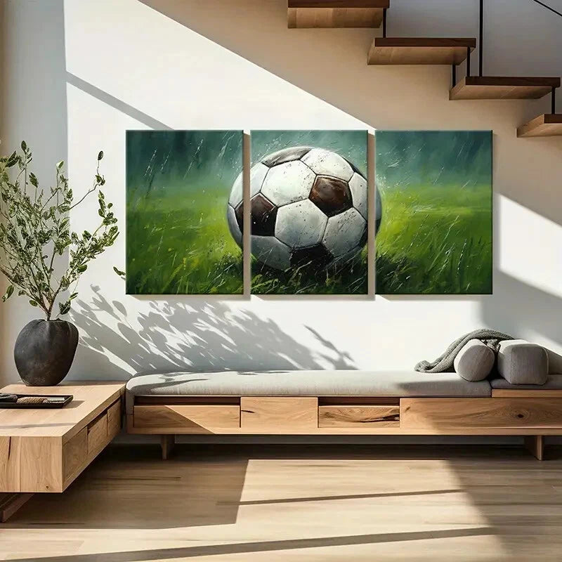 3pcs Abstract Soccer Ball Grass Field Metal Print Ready to Hang Art