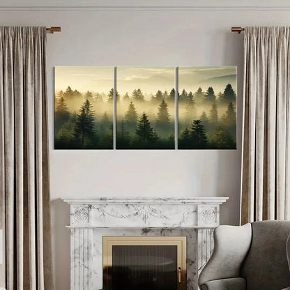 3pcs Misty Forest Landscape Pine Trees Golden Metal Print Ready to Hang Art