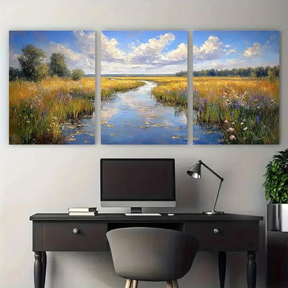 3pcs Nature Open Field Swamp Landscape with River Metal Print Ready to Hang Art