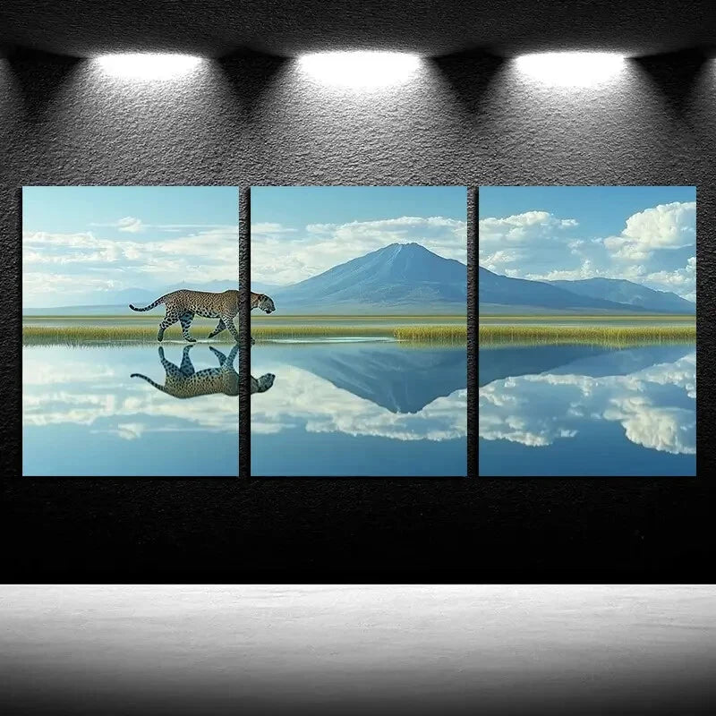 3pcs Vibrant Leopards on the Lake Metal Print Ready to Hang Art