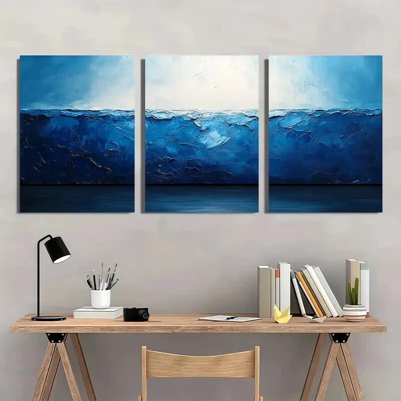 3pcs Abstract Blue and White Modern Minimalist Metal Print Ready to Hang Art