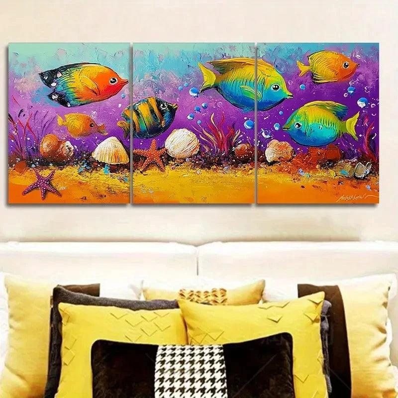 3pcs Underwater Swimming Fish Metal Print Ready to Hang Art