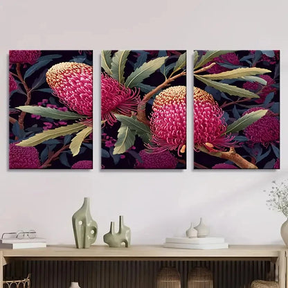 3pcs Banksia Australian Wild flower Wall Art Set Canvas Framed 50x70cm - High Quality Print 100% Australian Made Wall Canvas Ready to Hang