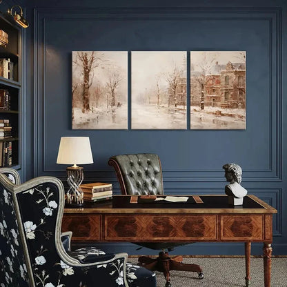 3pcs Snowy Street Winter Landscape Victorian House Metal Print Ready to Hang Art