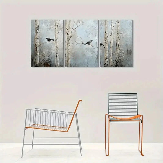 3pcs Modern Abstract Art Birds in Birch Trees Metal Print Ready to Hang Art