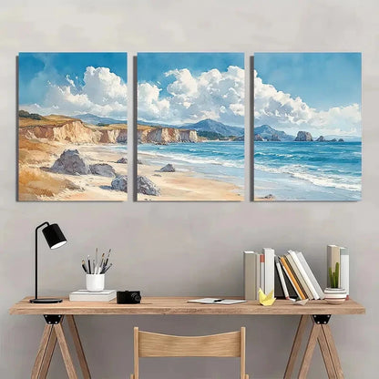 3pcs Watercolor Coastline with Cliffs & Ocean Wave Metal Print Ready to Hang Art