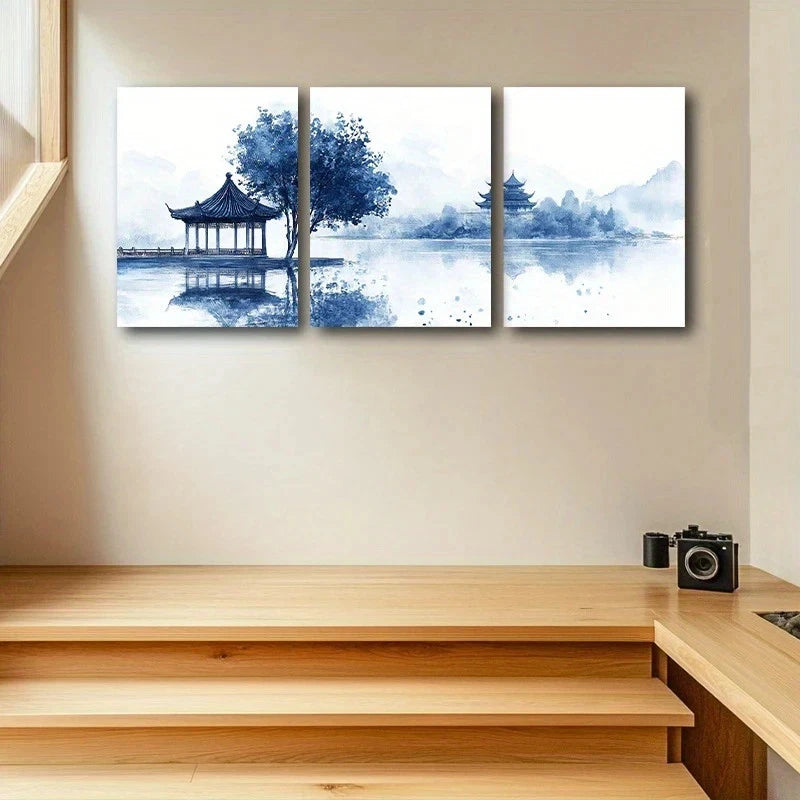 3pcs The Water Blue Themed & Tree Metal Print Ready to Hang Art