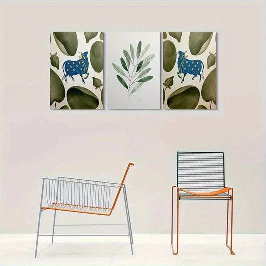 3pcs Blue Bull & Green Leaves Metal Print Ready to Hang Art