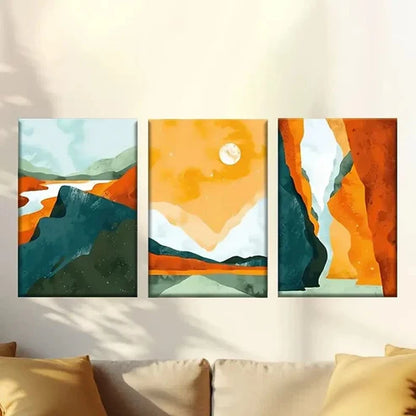 3pcs Orange, Blue & Green with Sun, Moon & Stars Wall Art Canvas Unframed - High Quality Print 100% Australian Made Wall Canvas