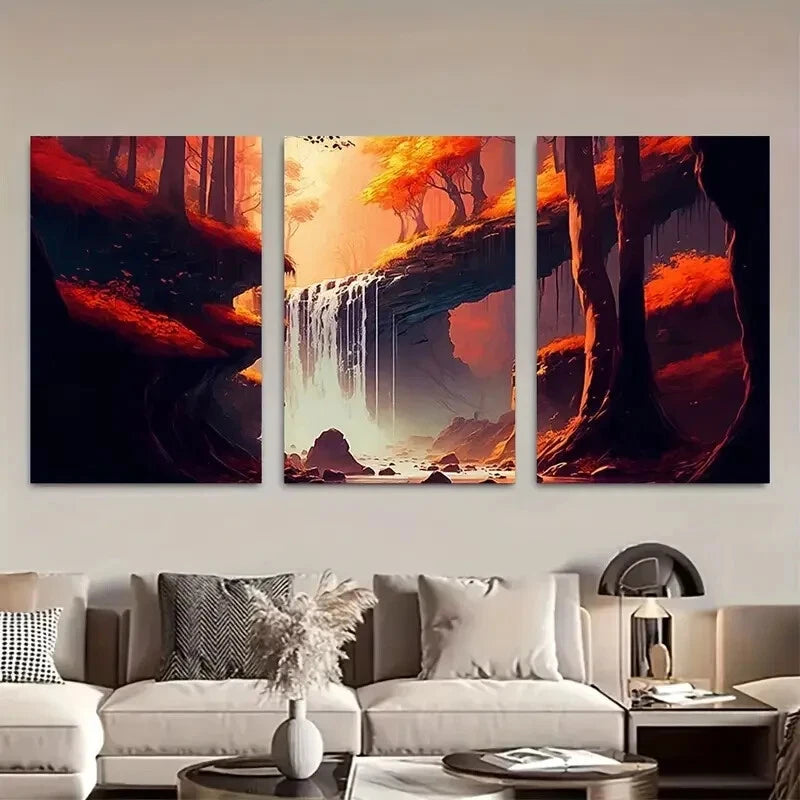 3pcs Fantasy Waterfall Orange Nature Painting Metal Print Ready to Hang Art