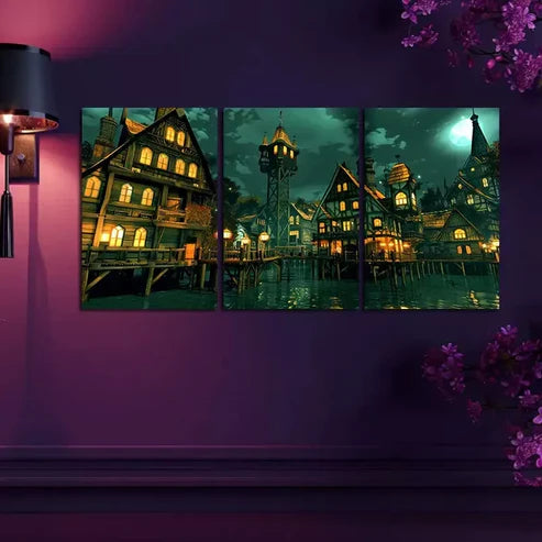 3pcs Fantasy Water City Canvas Framed 60x90cm - High Quality Print 100% Australian Made Wall Canvas Ready to Hang