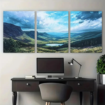 3pcs Brecon Beacons Vivid Blue Sky & Green Hills Metal Print Ready to Hang Art