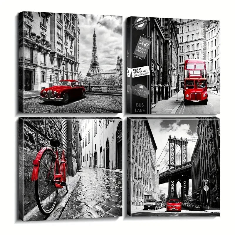 4pcs Red Accent Cityscapes Wall Art Canvas Framed
