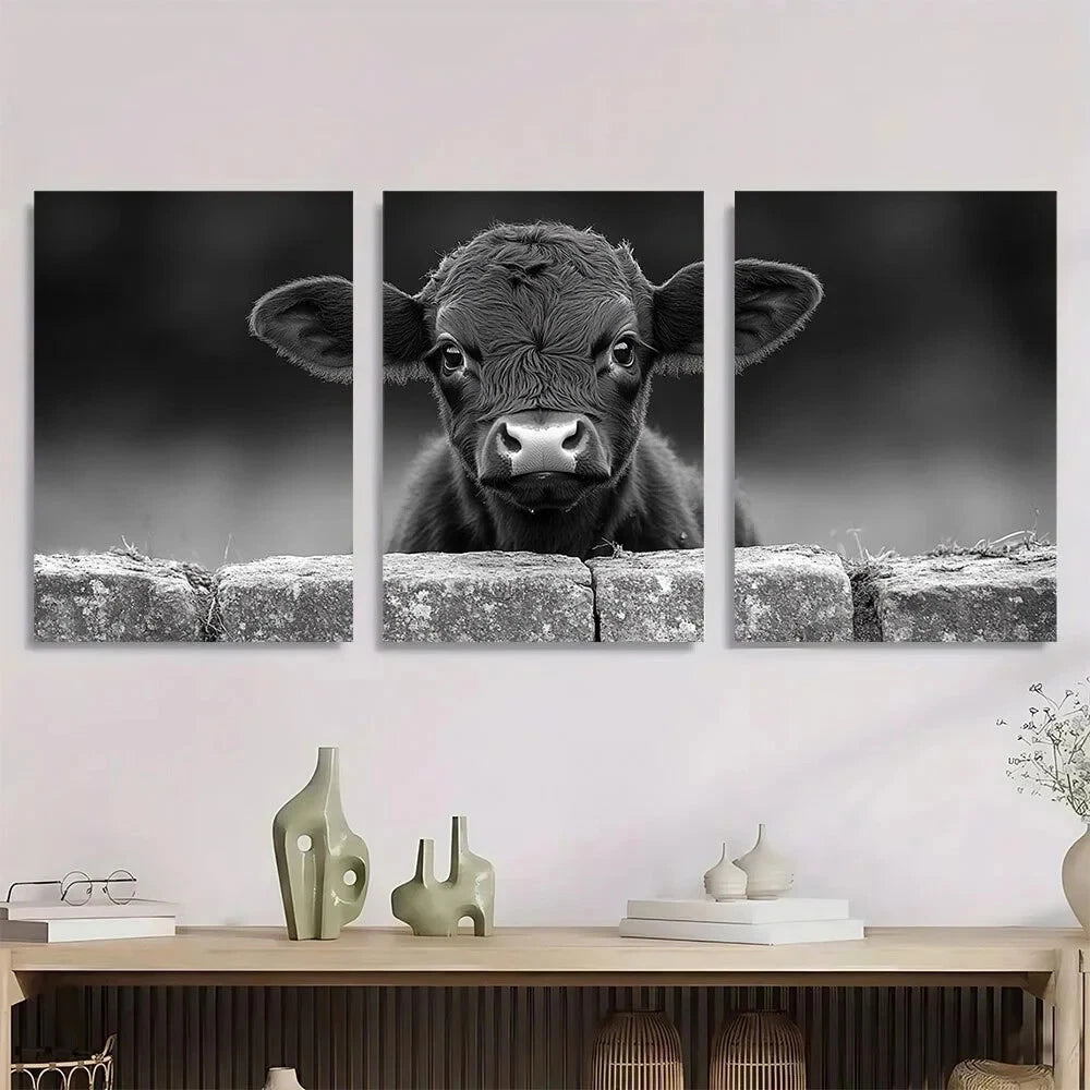 3pcs Rustic Black White Land Cow Calf Metal Print Ready to Hang Art