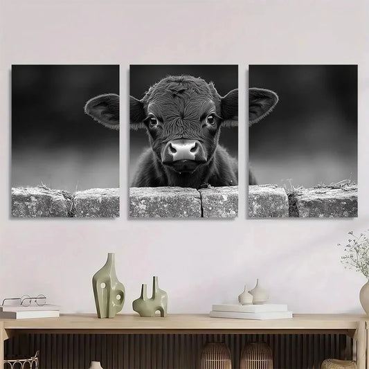 3pcs Rustic Black White Land Cow Calf Metal Print Ready to Hang Art