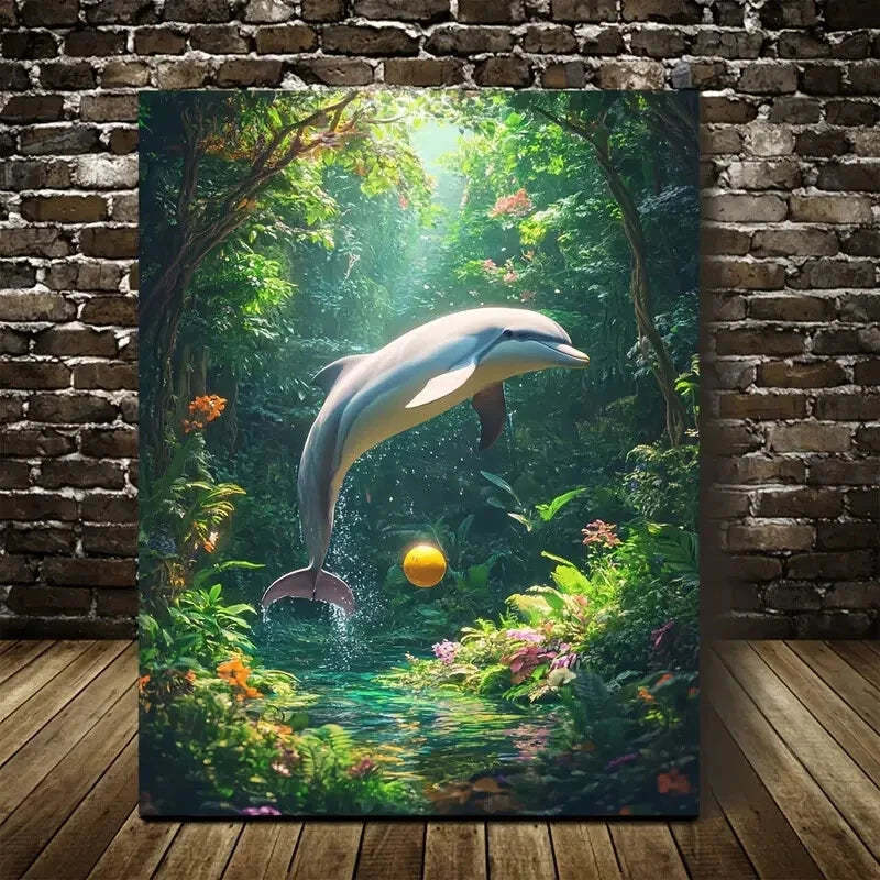 Surreal Dolphin Playing Ball in Lush Green Painting 40x60cm Metal Print Ready to Hang