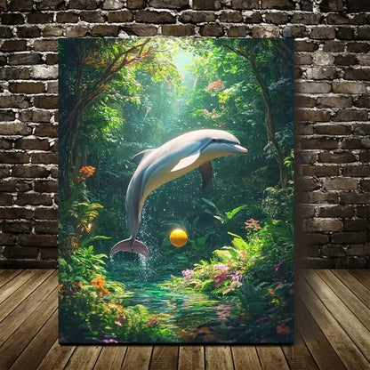 Surreal Dolphin Playing Ball in Lush Green Painting 40x60cm Metal Print Ready to Hang