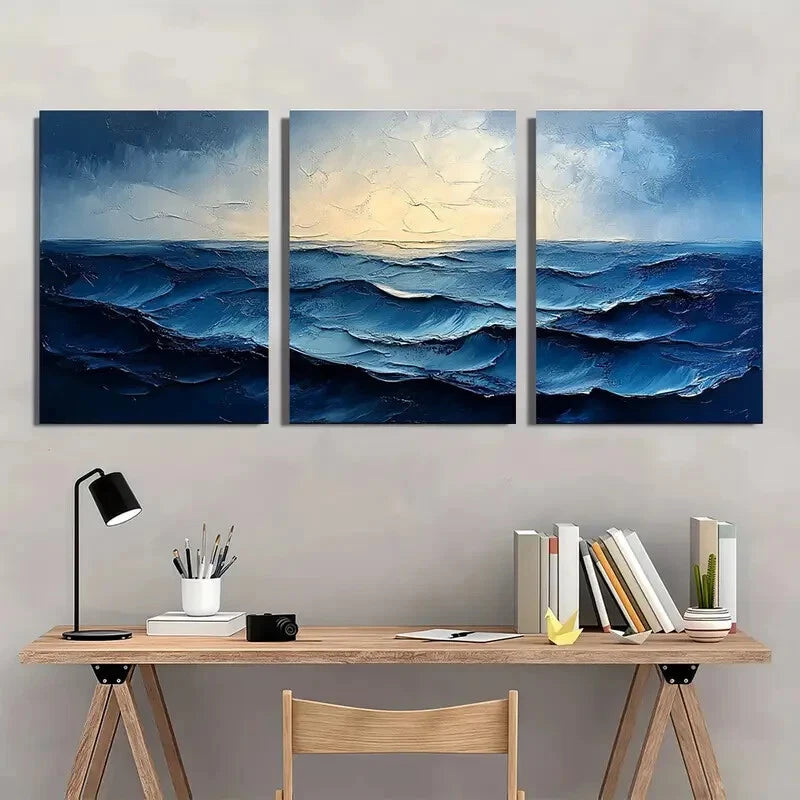3pcs Blue and Gray Abstract Textured Painting Metal Print Ready to Hang Art