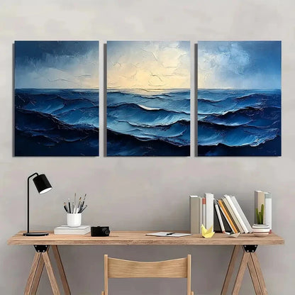 3pcs Blue and Gray Abstract Textured Painting Metal Print Ready to Hang Art