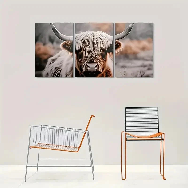 3pcs Highland Cow Animal Fashion Theme Metal Print Ready to Hang Art