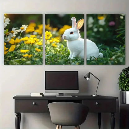 3pcs Charming White Bunny Spring Floral Wall Art Set Canvas Framed 40x60cm - High Quality Print 100% Australian Made Wall Canvas Ready to Hang