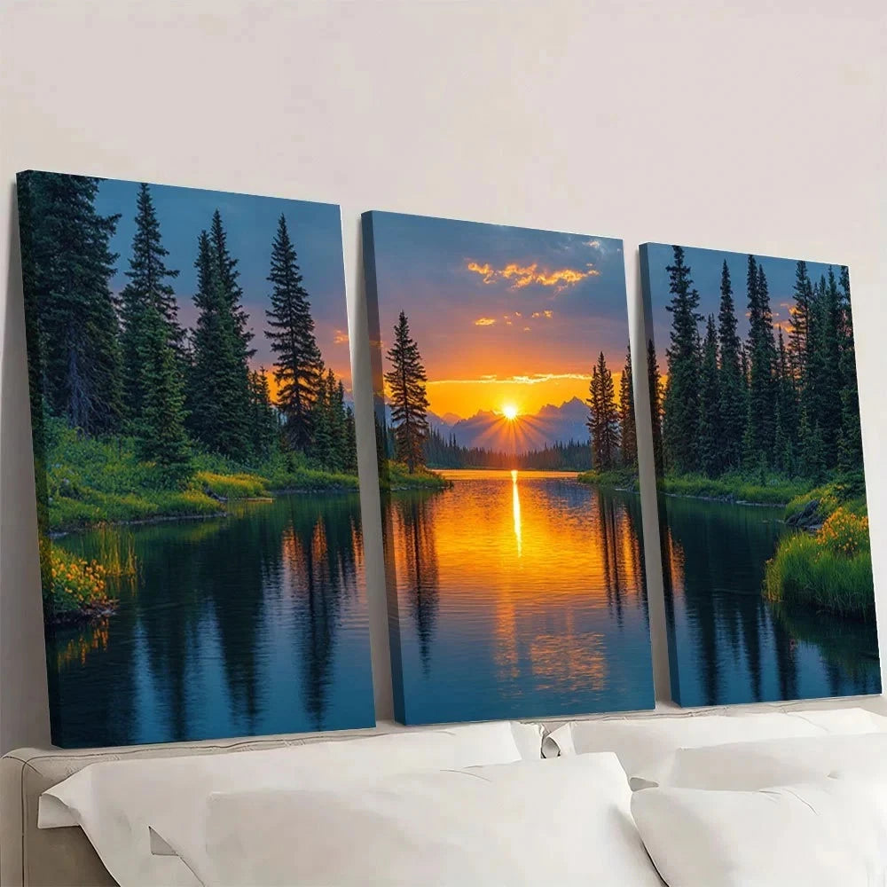 3pcs Vibrant Sunset River Pine Trees Wildflowers Wall Art Set Canvas Framed 50x70cm - High Quality Print 100% Australian Made Wall Canvas Ready to Hang