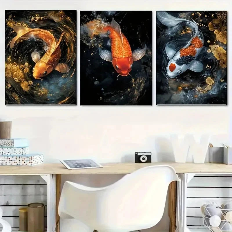 3pcs Dynamic Koi Fish Vibrant with Water Scene Metal Print Ready to Hang Art
