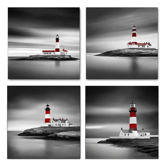 4pcs Black & White Beach Seascape Wall Art Canvas Framed