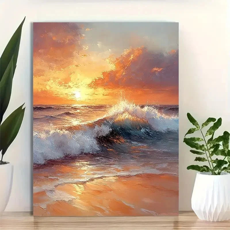 Beautiful Dusk Seascape With Dynamic Waves Painting 40x60cm Metal Print Ready to Hang