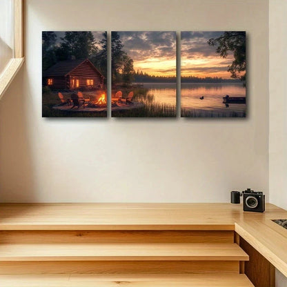 3pcs Log Cabin Painting Nature Scenery Metal Print Ready to Hang Art