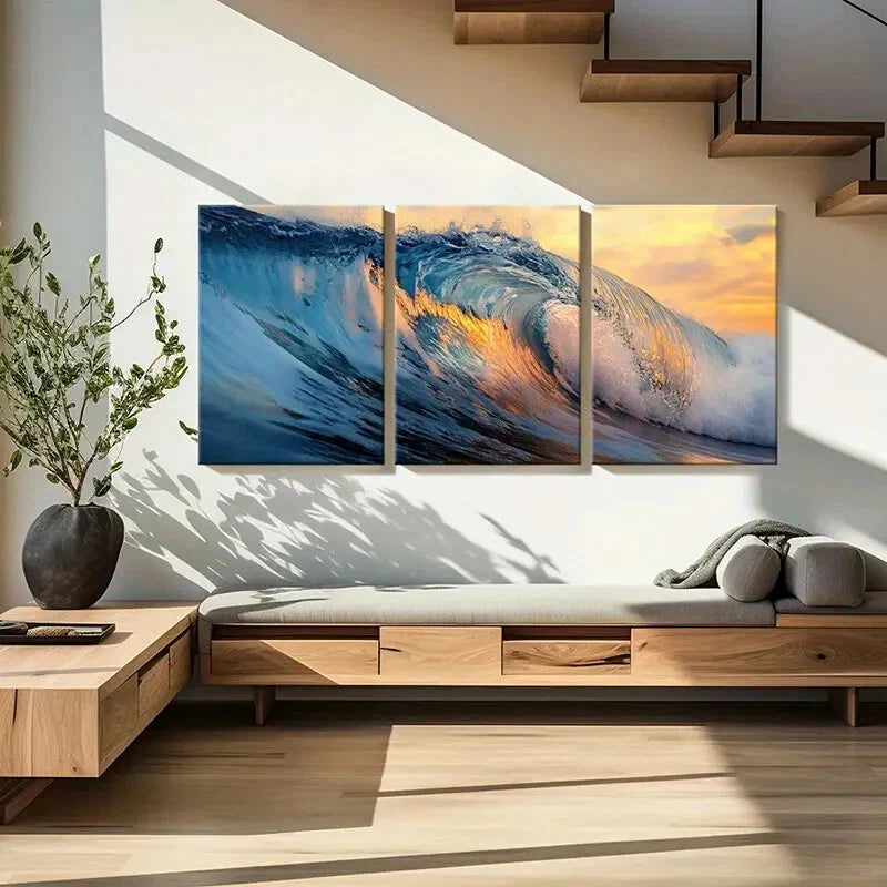 3pcs Ocean Wave Sunset Glow Nature Landscape Metal Print Ready to Hang Art
