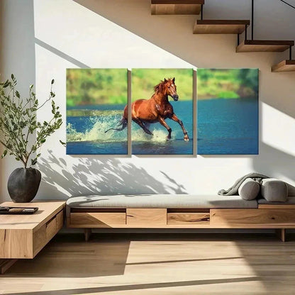 3pcs Majestic Running Horses in Water Wall Art Set Canvas Framed 40x60cm - High Quality Print 100% Australian Made Wall Canvas Ready to Hang