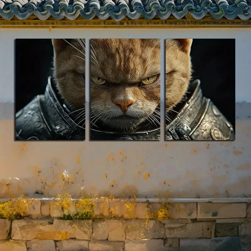 3pcs Knight Cat Armor Design Metal Print Ready to Hang Art